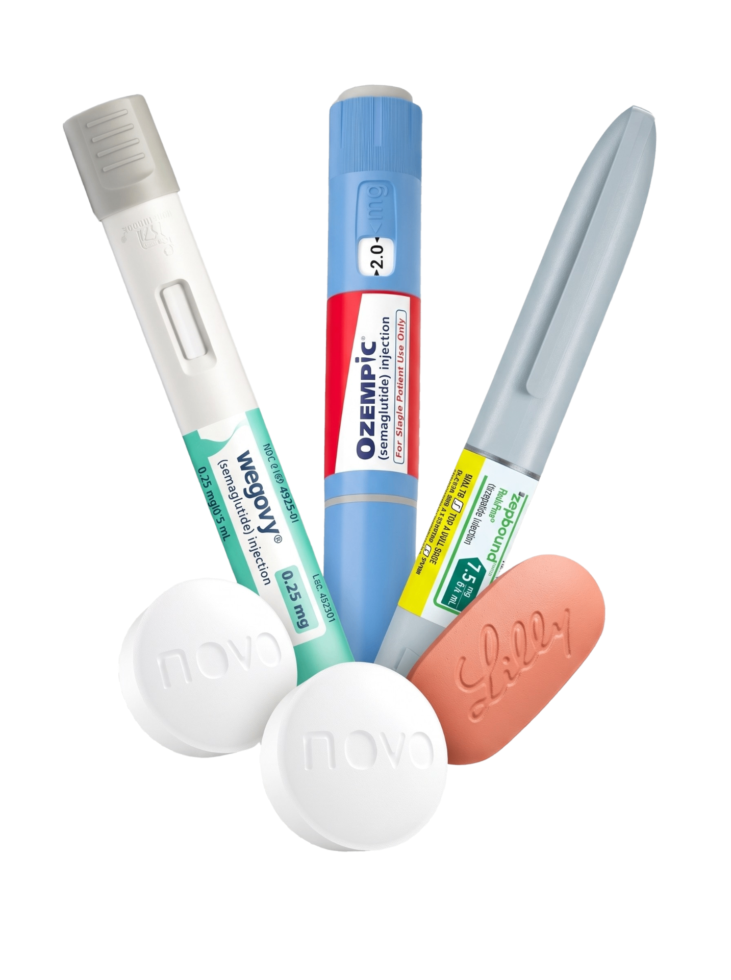 Wegovy, Ozempic, Zepbound pens with Wegovy, Ozempic, and Foundayo pills — full FDA-approved GLP-1 medication lineup for weight loss